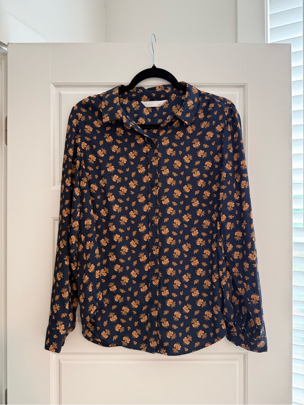 LC Lauren Conrad Navy Blouse with Mustard Floral Print